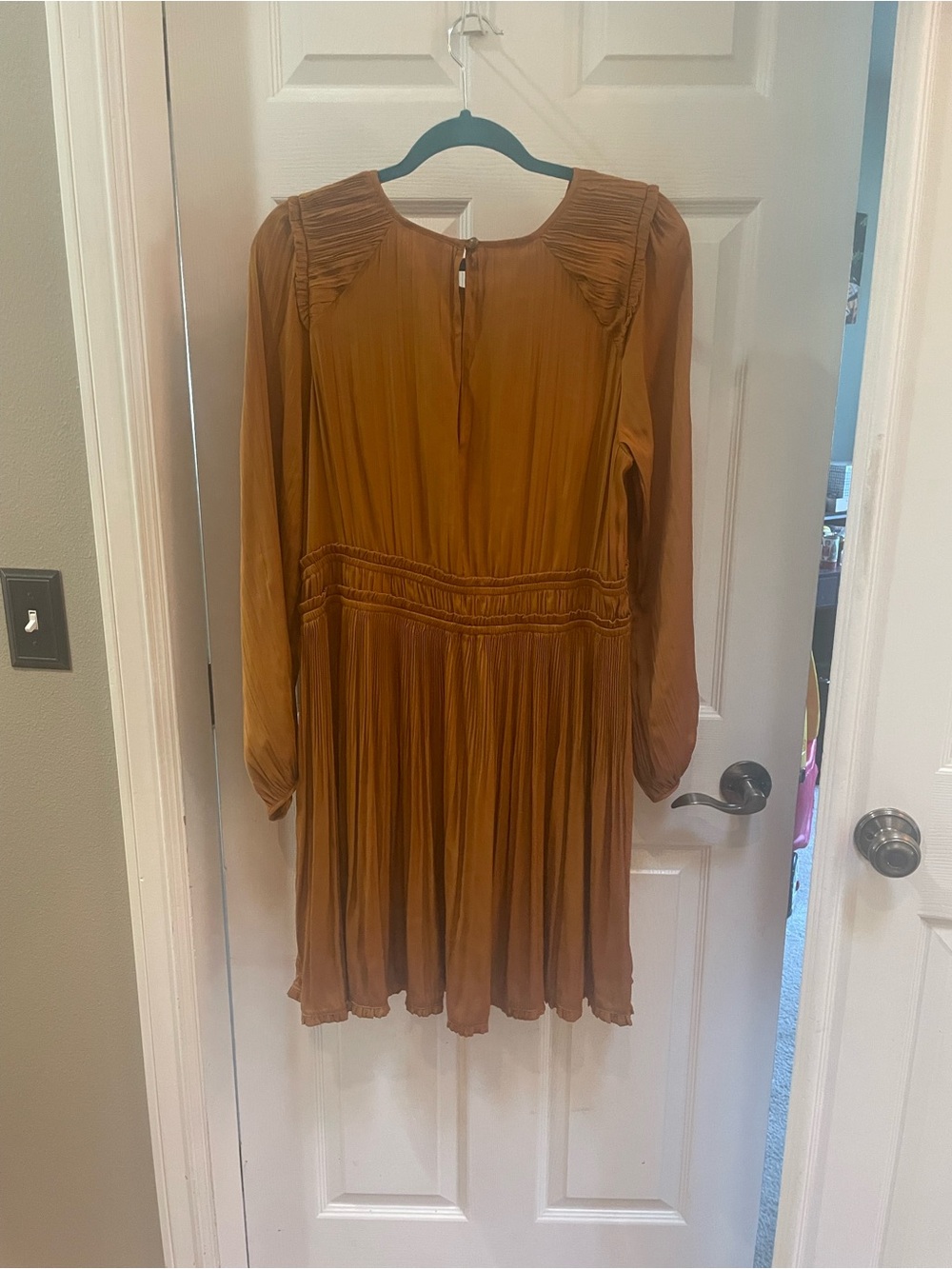 Long-Sleeve Pleated Mini Dress in Rust Anthropology